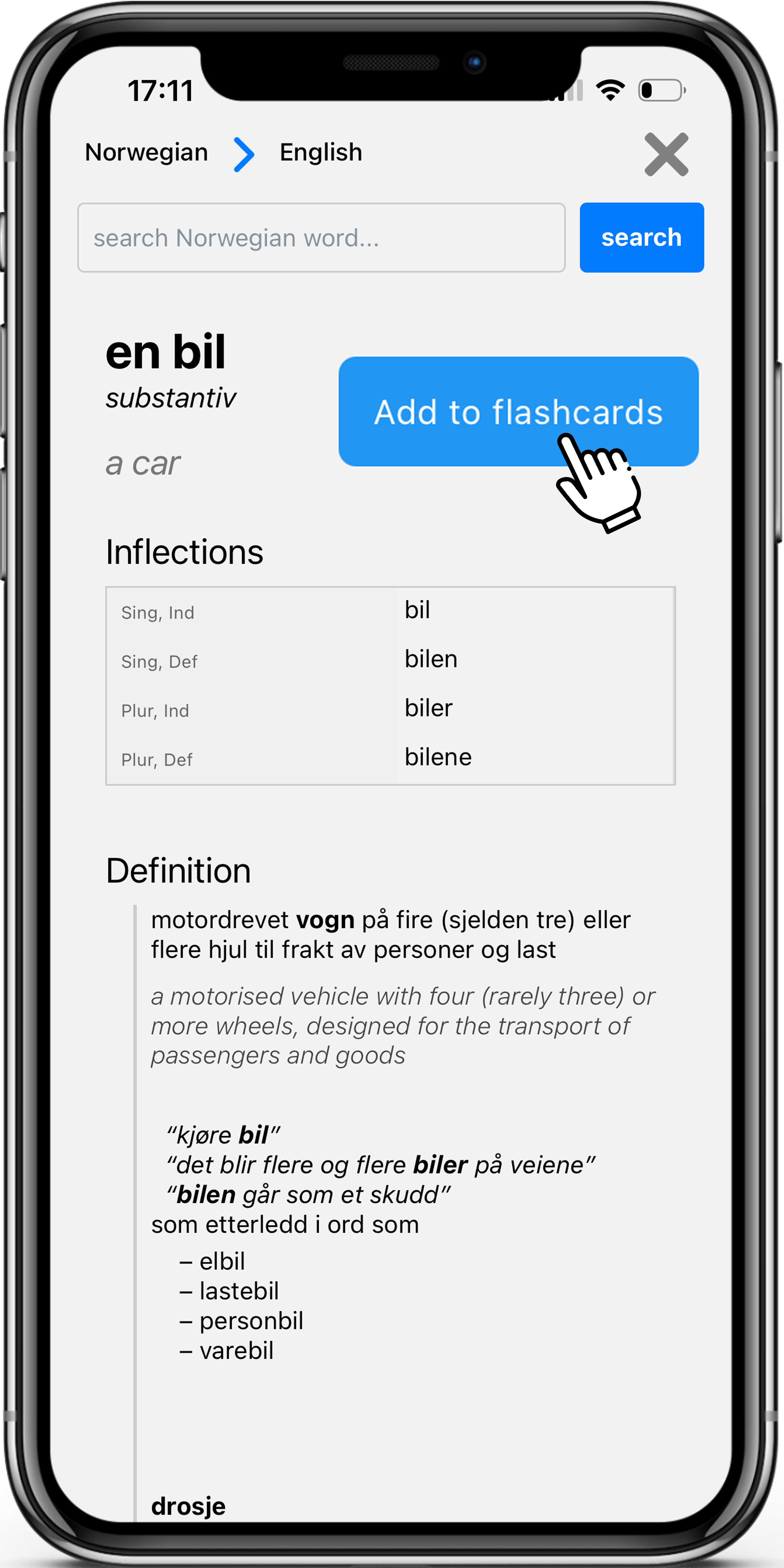 An existing vocabulary flashcard in Learn Norwegian