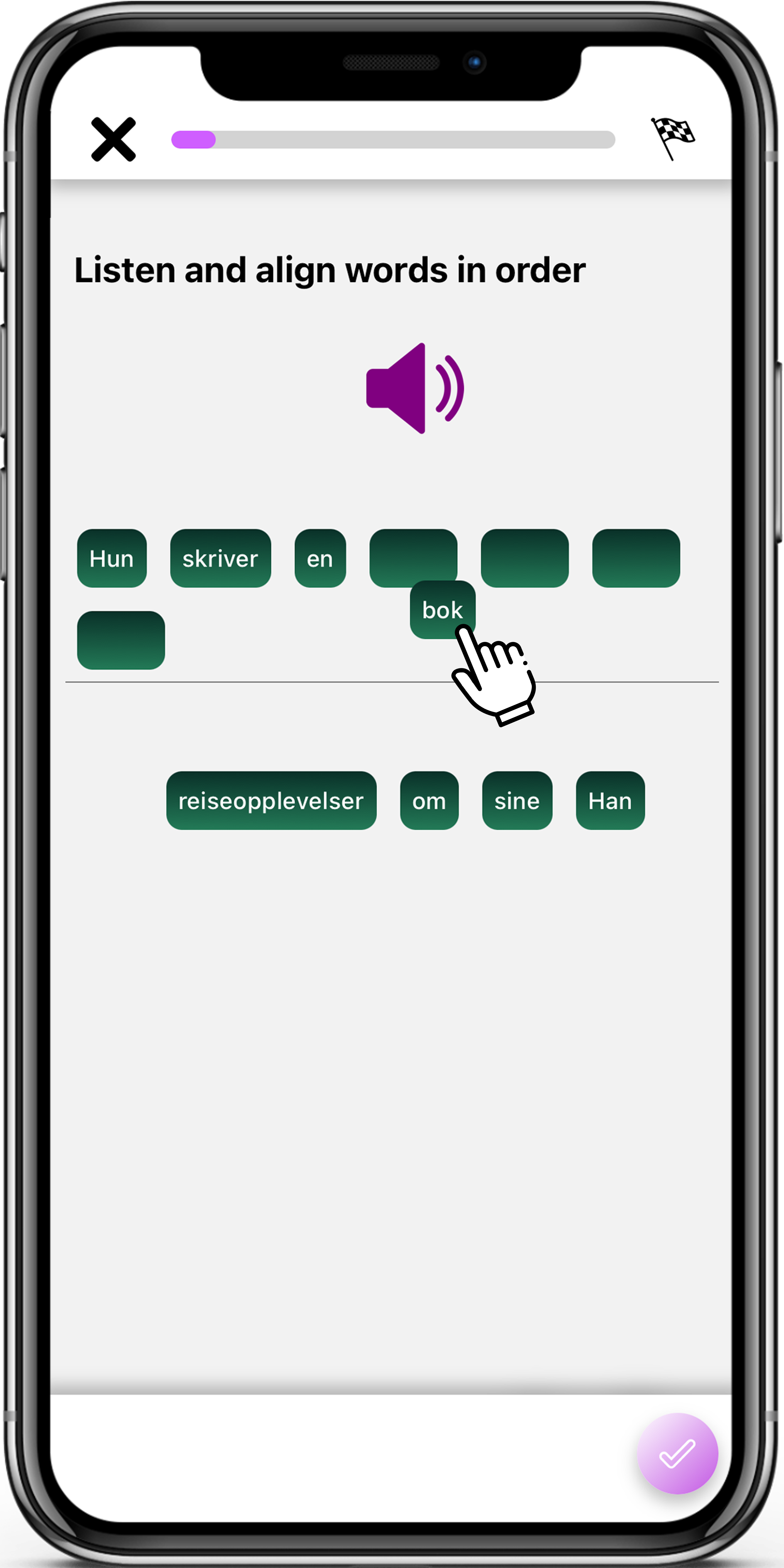 Interactive Exercises in the Learn Norwegian app, screen 1 of 5